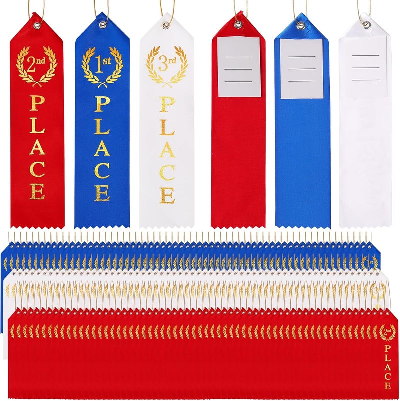Berenlu 300PCS Award Ribbons, Medal Ribbons for 1st, 2nd, 3rd Place, Event Card & Rope Included,Perfect for Competitions, Sports Events, School Challenges, Vibrant Blue, Red, and White - Image 1